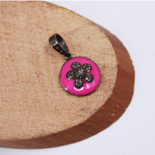 Neon Pink Enameling Flower Pendant Designer Rosecut Pave Diamond Pendant Sterling 925 Silver Handmade Finish Diamond Charms Necklace Pendant