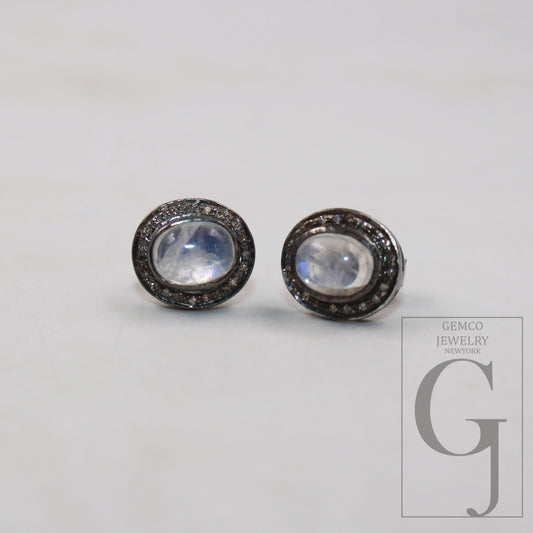 pave diamond oval moonstone stud earring Pave diamond earring 925 sterling silver earring diamond silver earring diamond earring jewelry