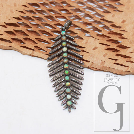 Leaf design Opal stone pendant Pave diamond rosecut pendant 925 sterling silver pendant handmade diamond pendant diamond pendant jewelry