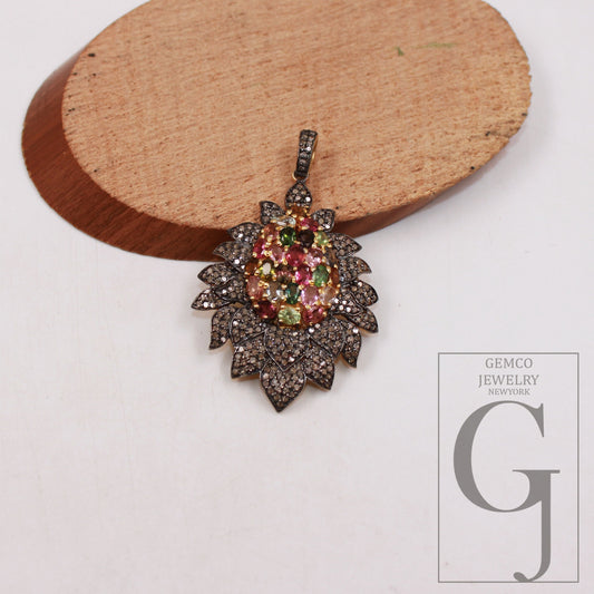 Multi tourmaline pendant designer Rosecut pave diamond pendant 925 sterling silver handmade finish diamond charms necklace pendant jewelry