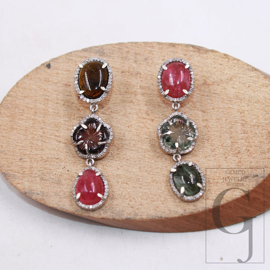 One Of a Kind Multi Tourmaline Designer Rosecut Pave Diamond Earrings 925 Sterling Silver Handmade Silver Finish Diamond Earrings Jewelry