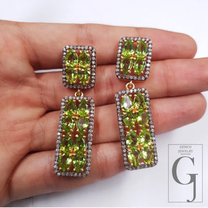 14k Gold Finish Peridot Dangle Design Pave Rosecut Diamond Earrings Handmade Finish Diamond Earring Jewerly