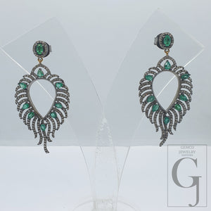 1 Pair Emerald Feather Pave Rosecut Diamond Dangling Drop Earring 925 Sterling Silver Handmade Finish Diamond Earring