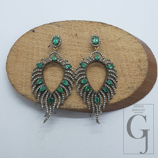 1 Pair Emerald Feather Pave Rosecut Diamond Dangling Drop Earring 925 Sterling Silver Handmade Finish Diamond Earring