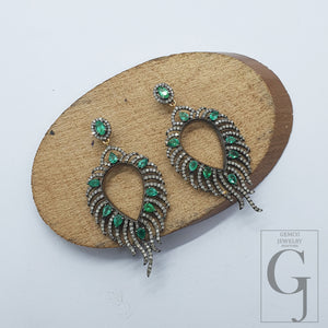 1 Pair Emerald Feather Pave Rosecut Diamond Dangling Drop Earring 925 Sterling Silver Handmade Finish Diamond Earring