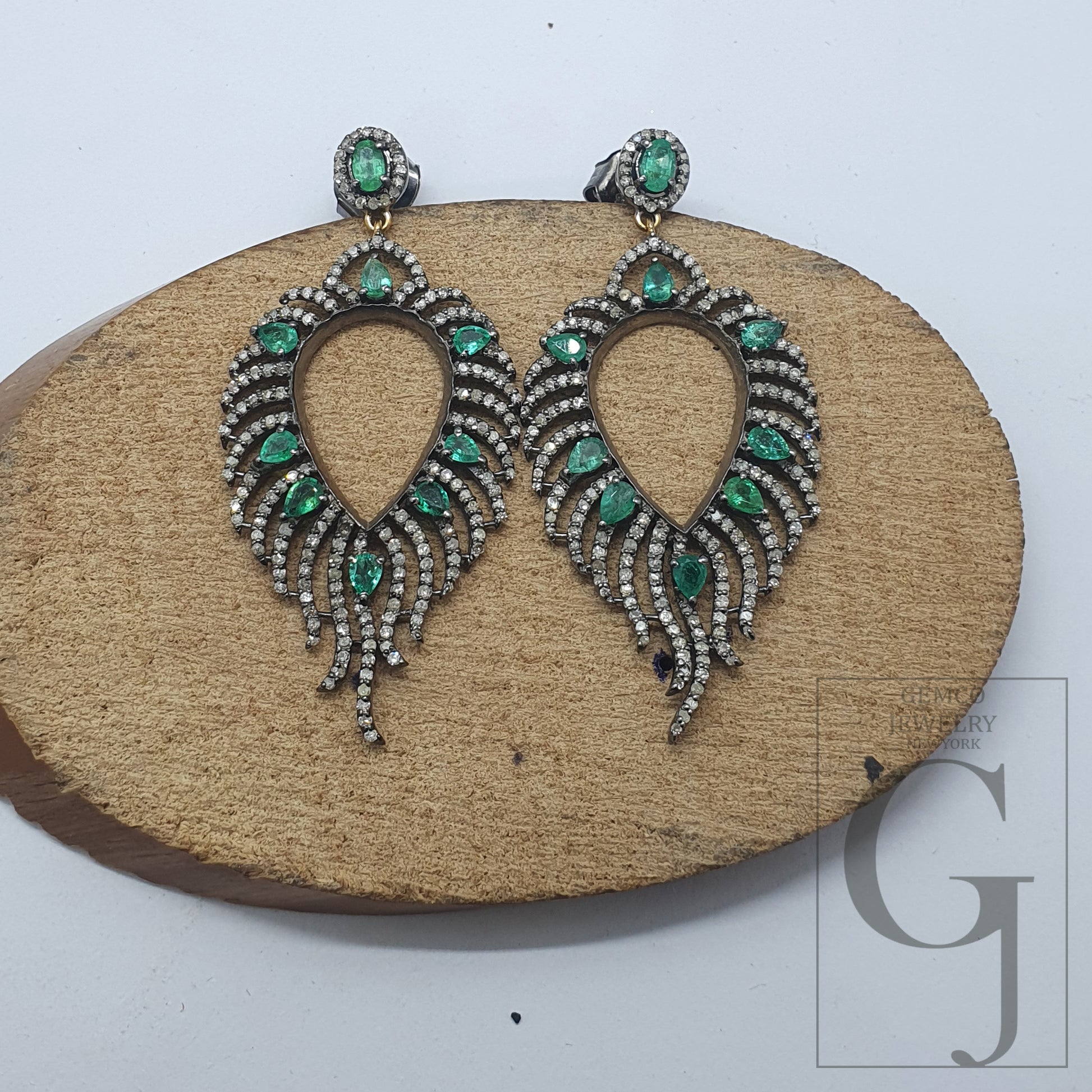 1 Pair Emerald Feather Pave Rosecut Diamond Dangling Drop Earring 925 Sterling Silver Handmade Finish Diamond Earring