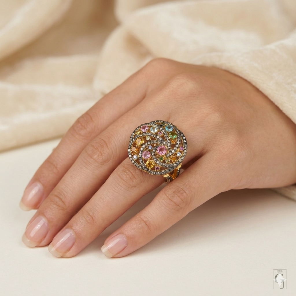 14K Designer Tourmaline Ring With Natural Pave Diamonds In 925 Sterling Silver Handmade Finish Ring