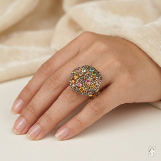 14K Designer Tourmaline Ring With Natural Pave Diamonds In 925 Sterling Silver Handmade Finish Ring