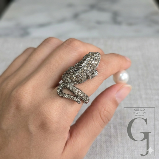 Chameleon Ring With Pave Rosecut Diamonds With 925 Sterling Silver Handmade Animal Jewelry