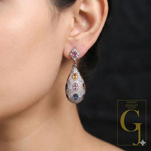 Natural Multi Sapphire Earrings With Pave Diamonds, 925 Sterling Silver Jewelry Gift For Her