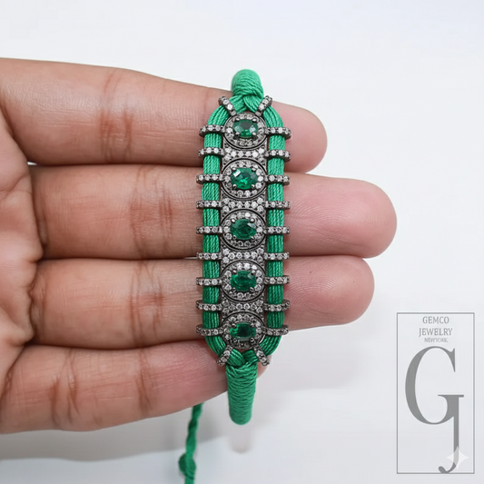 Natural Emarald Macrame Bracelet With Rosecut Pave Diamond In 925 Sterling Silver