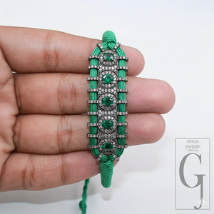 Natural Emarald Macrame Bracelet With Rosecut Pave Diamond In 925 Sterling Silver