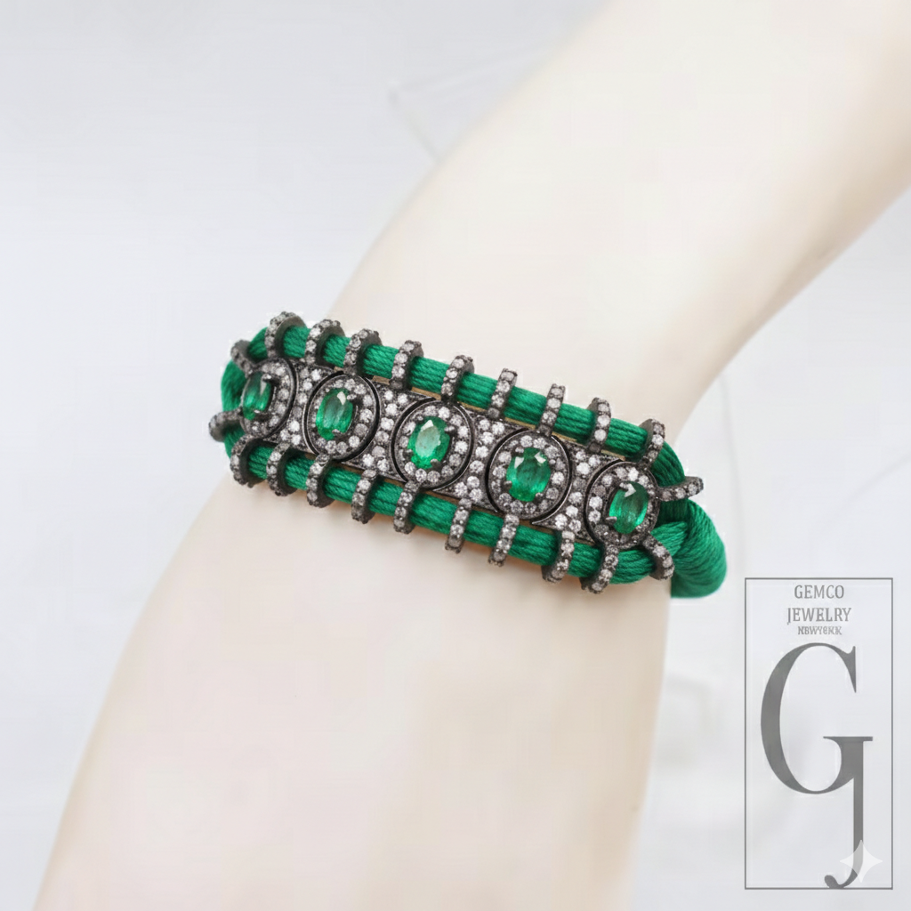 Natural Emarald Macrame Bracelet With Rosecut Pave Diamond In 925 Sterling Silver