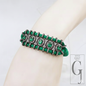 Natural Emarald Macrame Bracelet With Rosecut Pave Diamond In 925 Sterling Silver