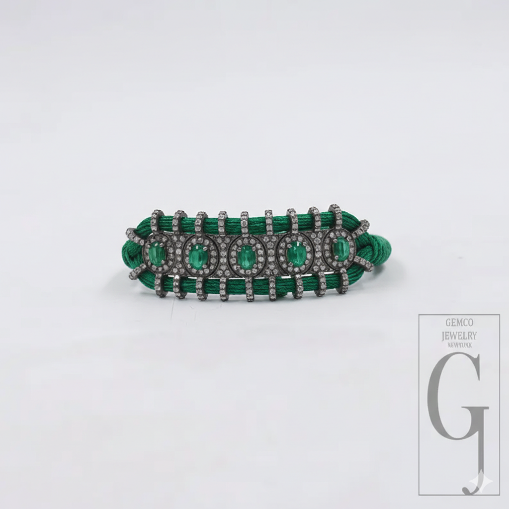 Natural Emarald Macrame Bracelet With Rosecut Pave Diamond In 925 Sterling Silver
