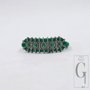 Natural Emarald Macrame Bracelet With Rosecut Pave Diamond In 925 Sterling Silver