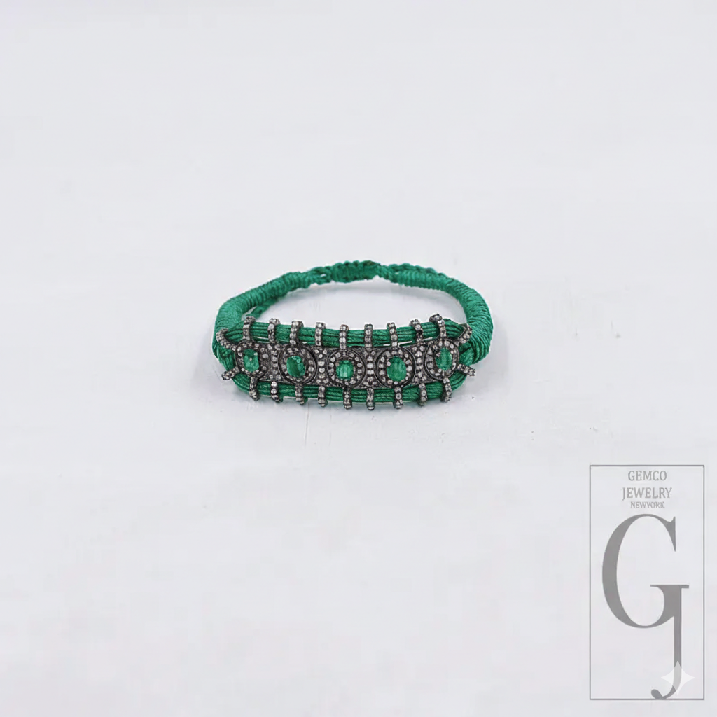 Natural Emarald Macrame Bracelet With Rosecut Pave Diamond In 925 Sterling Silver