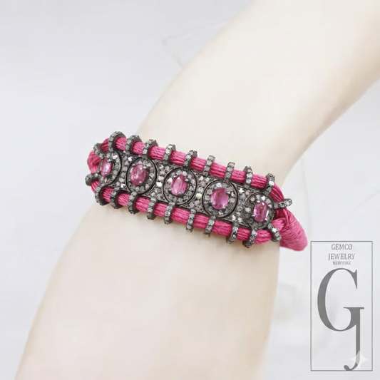 Designer Pink Macrame Bracelet – Pink Tourmaline With Pave Diamonds In 925 Sterling Silver