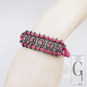Designer Pink Macrame Bracelet – Pink Tourmaline With Pave Diamonds In 925 Sterling Silver