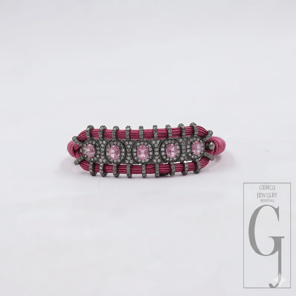 Designer Pink Macrame Bracelet – Pink Tourmaline With Pave Diamonds In 925 Sterling Silver