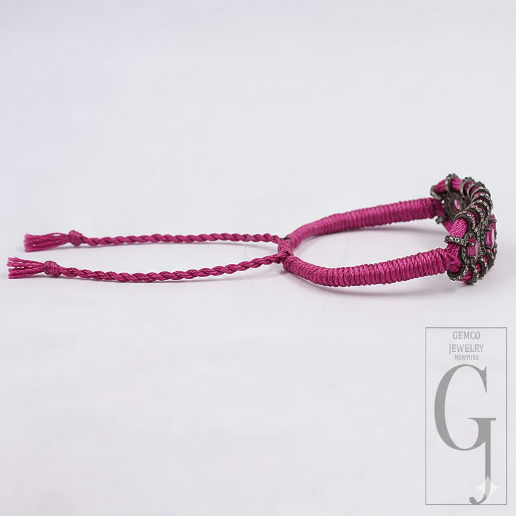 Designer Pink Macrame Bracelet – Pink Tourmaline With Pave Diamonds In 925 Sterling Silver