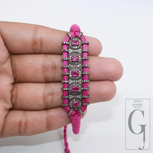 Designer Pink Macrame Bracelet – Pink Tourmaline With Pave Diamonds In 925 Sterling Silver