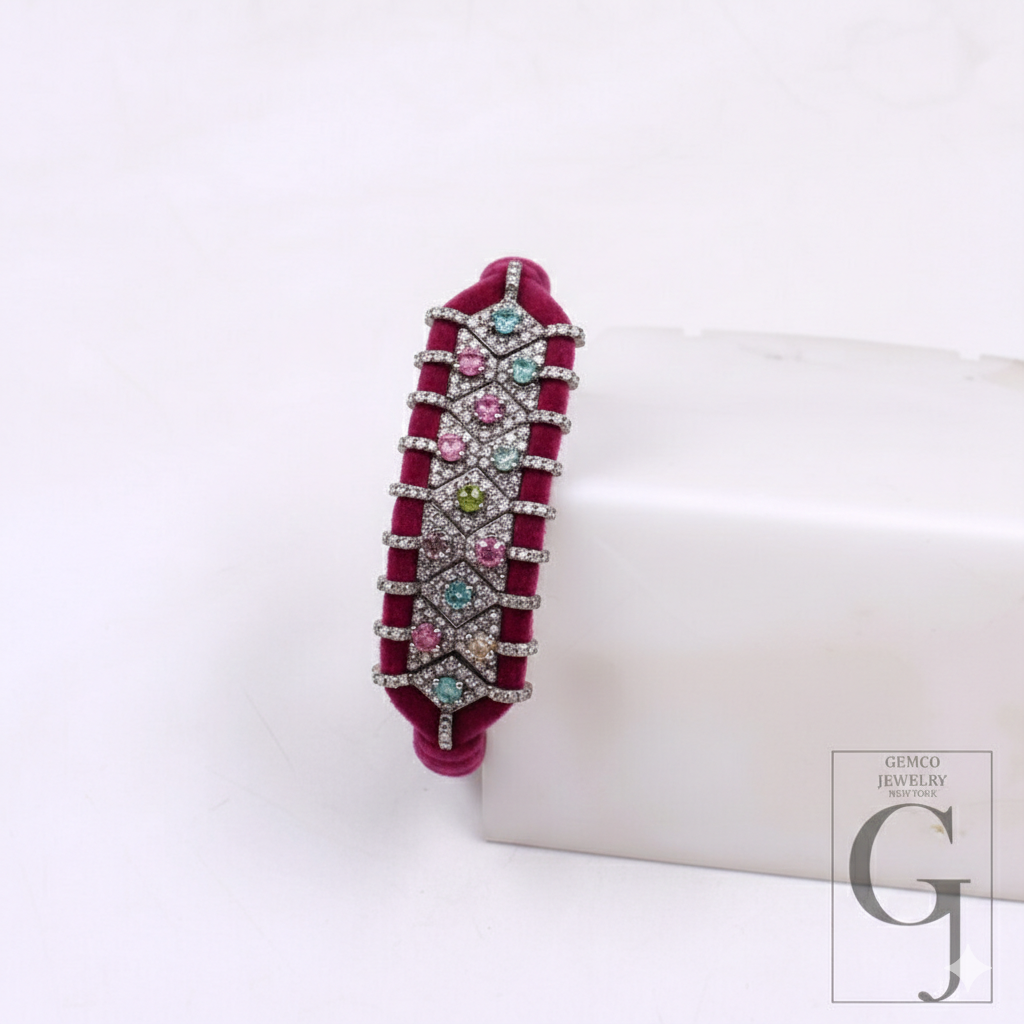 Beautiful Pink Macrame Bracelet – Multi Tourmaline With Pave Diamonds In 925 Sterling Silver