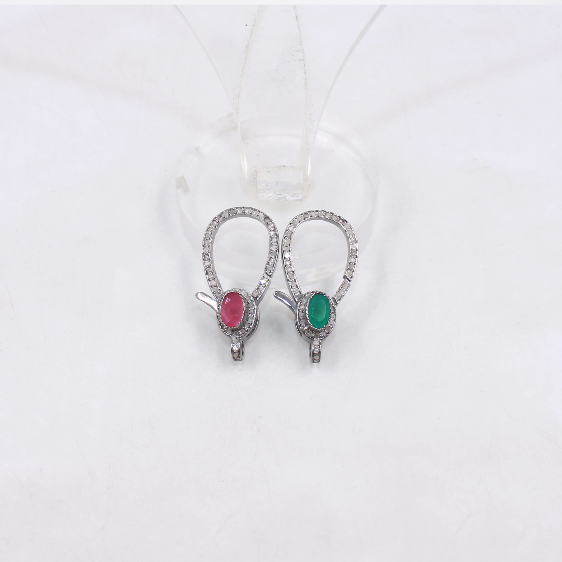 Handmade Natural Rosecut Pave Diamond Lobster Clasps in 925 Sterling Silver | Luxury Jewelry Findings with Emerald, Ruby & Sapphire Accents