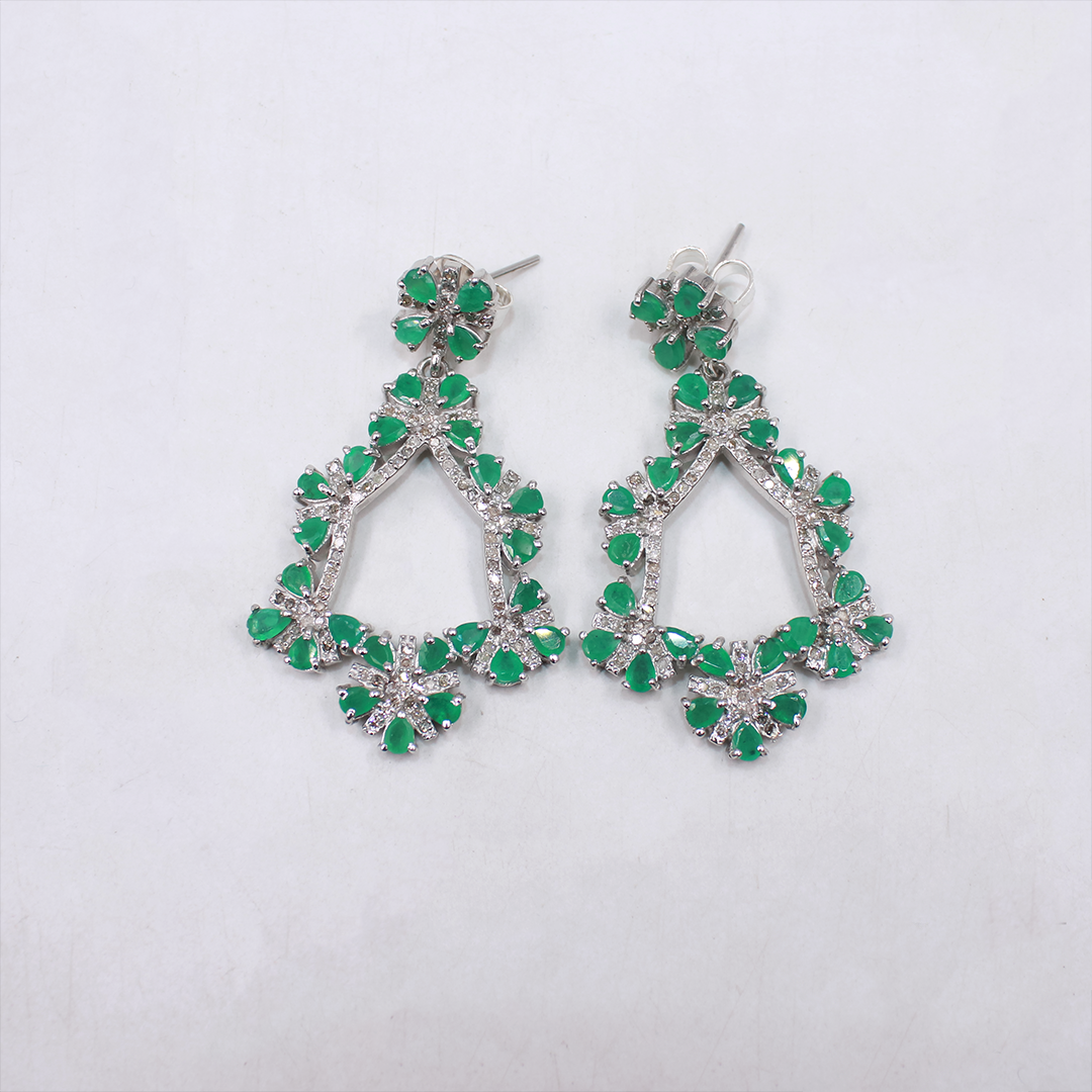 Designer Statement Earrings featuring Emeralds and Rosecut Pave Diamonds – Elegant Gift for Her