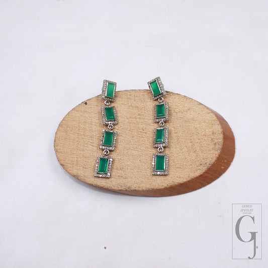 Handmade green onyx dangle earrings with rose cut diamonds in 925 sterling silver – long drop artisan jewelry