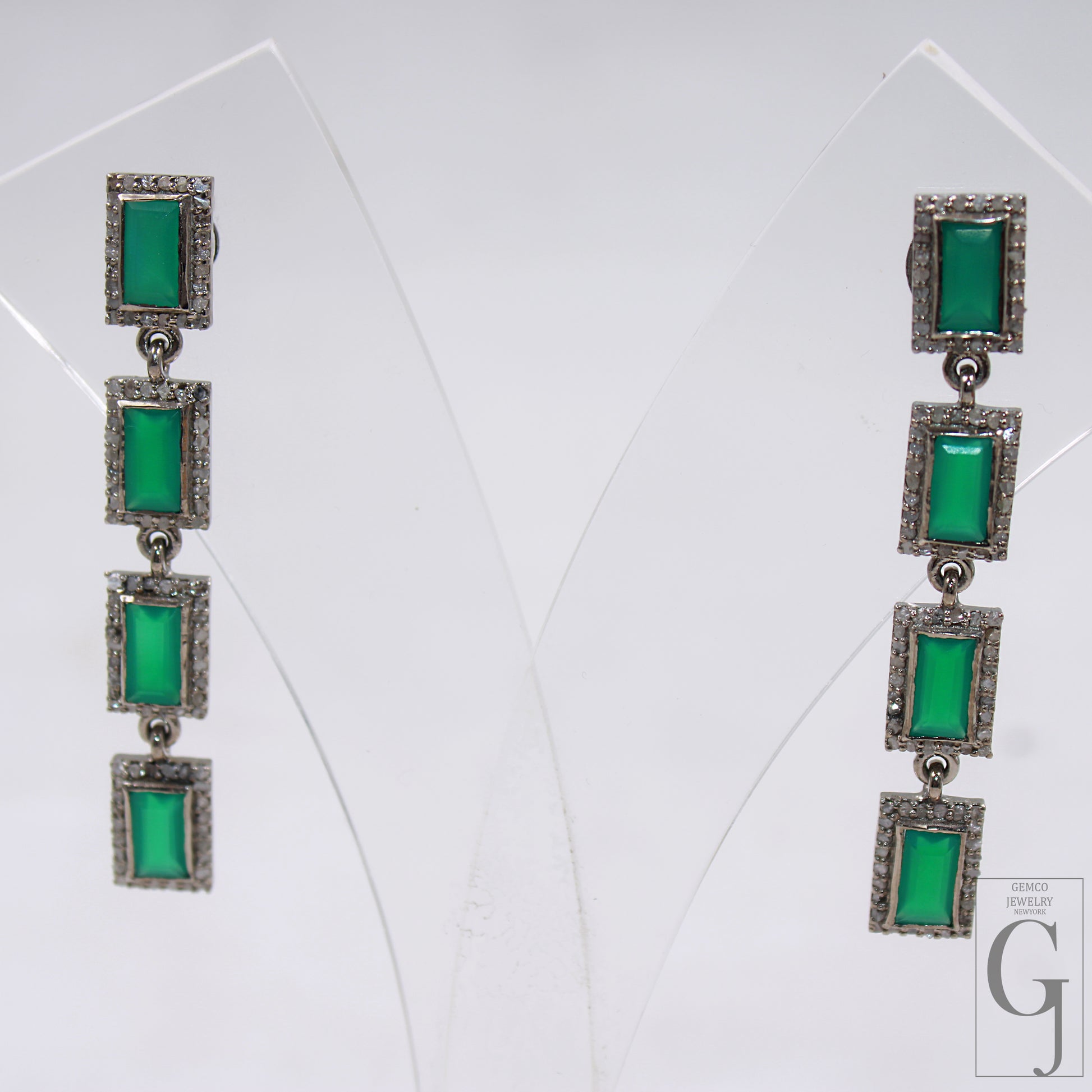 Rectangular green onyx earrings with pave setting