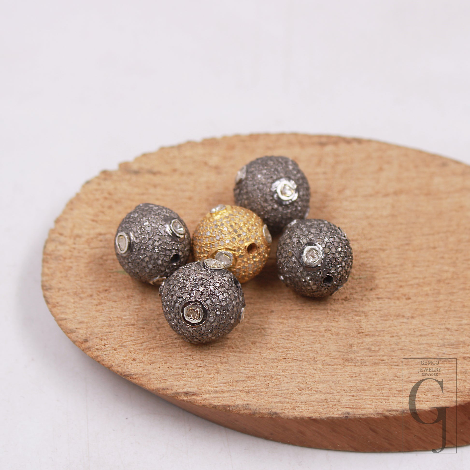 13mm Pave Diamond Beads with Sterling Silver Handmade Finish