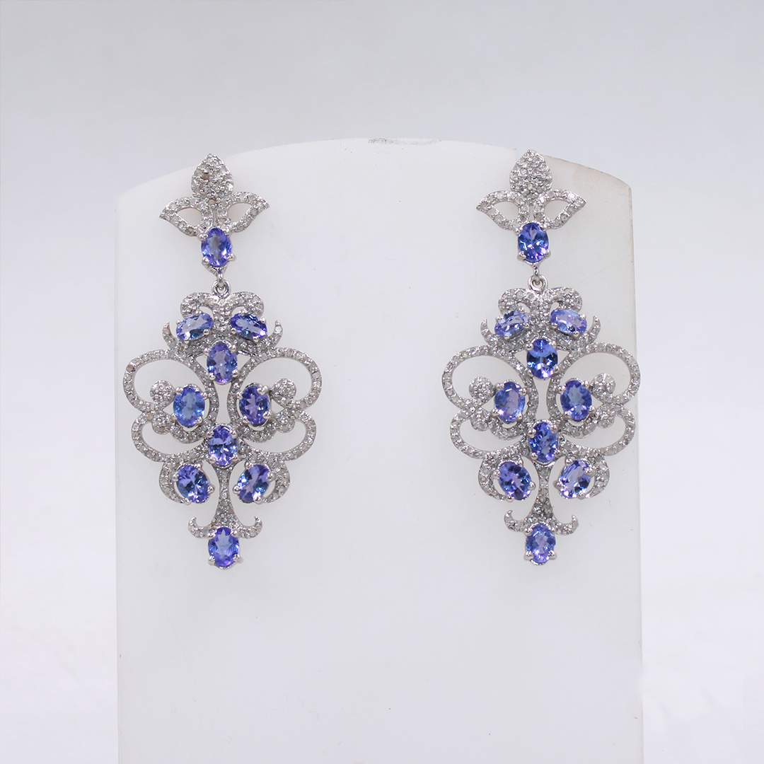 Designer Blue Tanzanite Earrings with Pave Diamond Accents