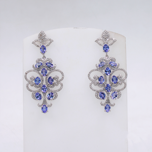 Designer Blue Tanzanite Earrings with Pave Diamond Accents