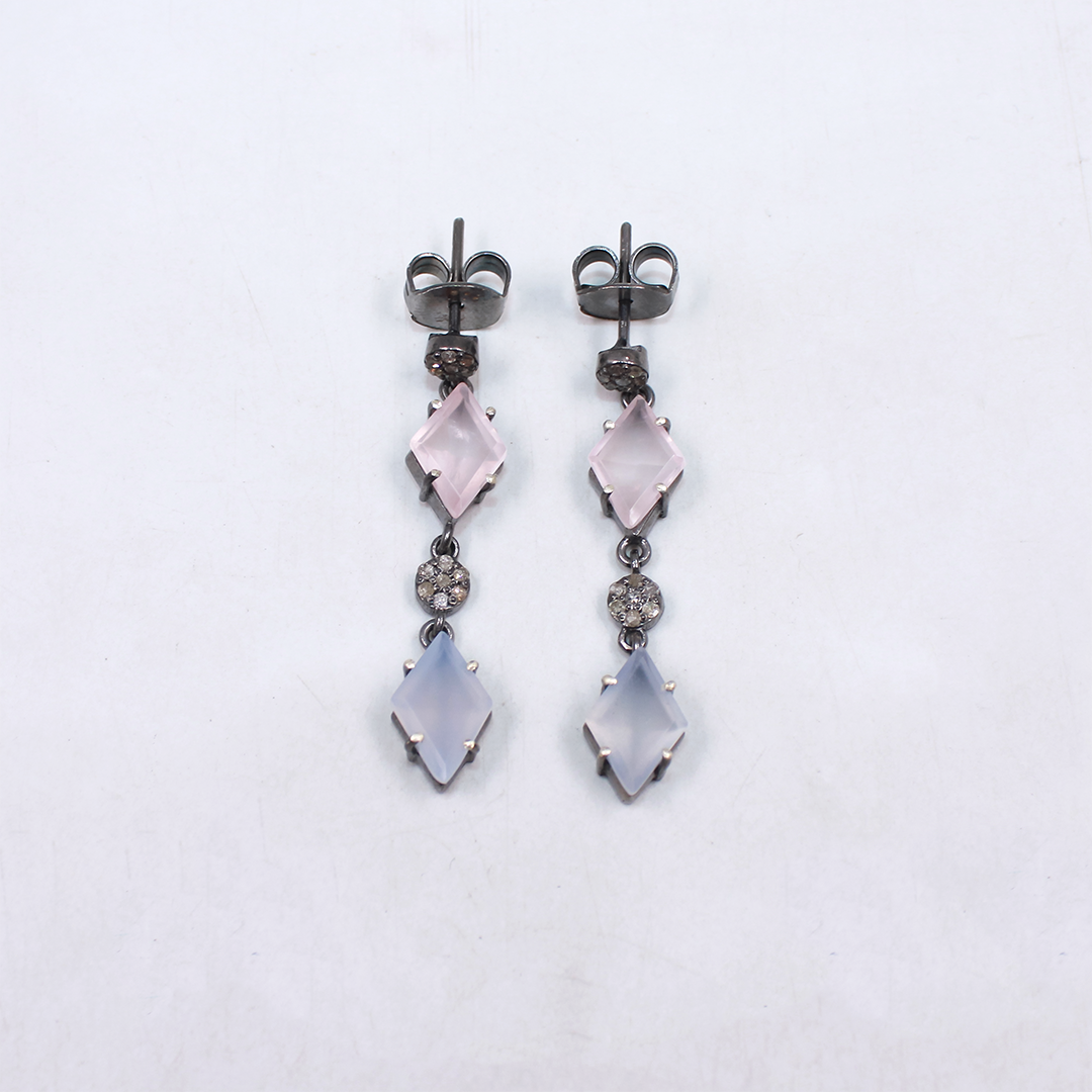 Natural chalcedony bridal earrings with rosecut pave diamonds and rhodium polish