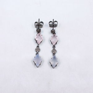 Natural chalcedony bridal earrings with rosecut pave diamonds and rhodium polish