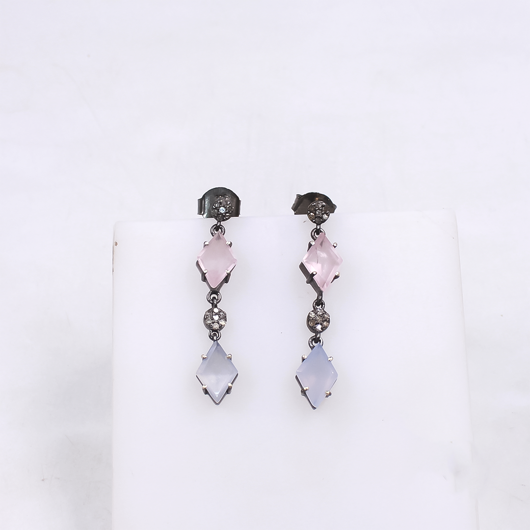 Chalcedony stud earrings with rosecut diamonds, handmade wedding jewelry gift