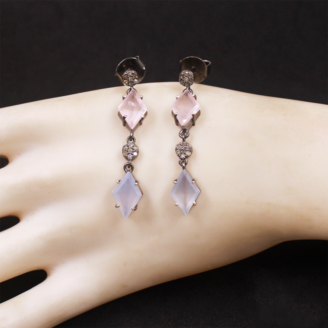 Luxury chalcedony gemstone earrings with rosecut diamonds in sterling silver