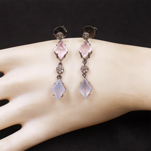 Luxury chalcedony gemstone earrings with rosecut diamonds in sterling silver