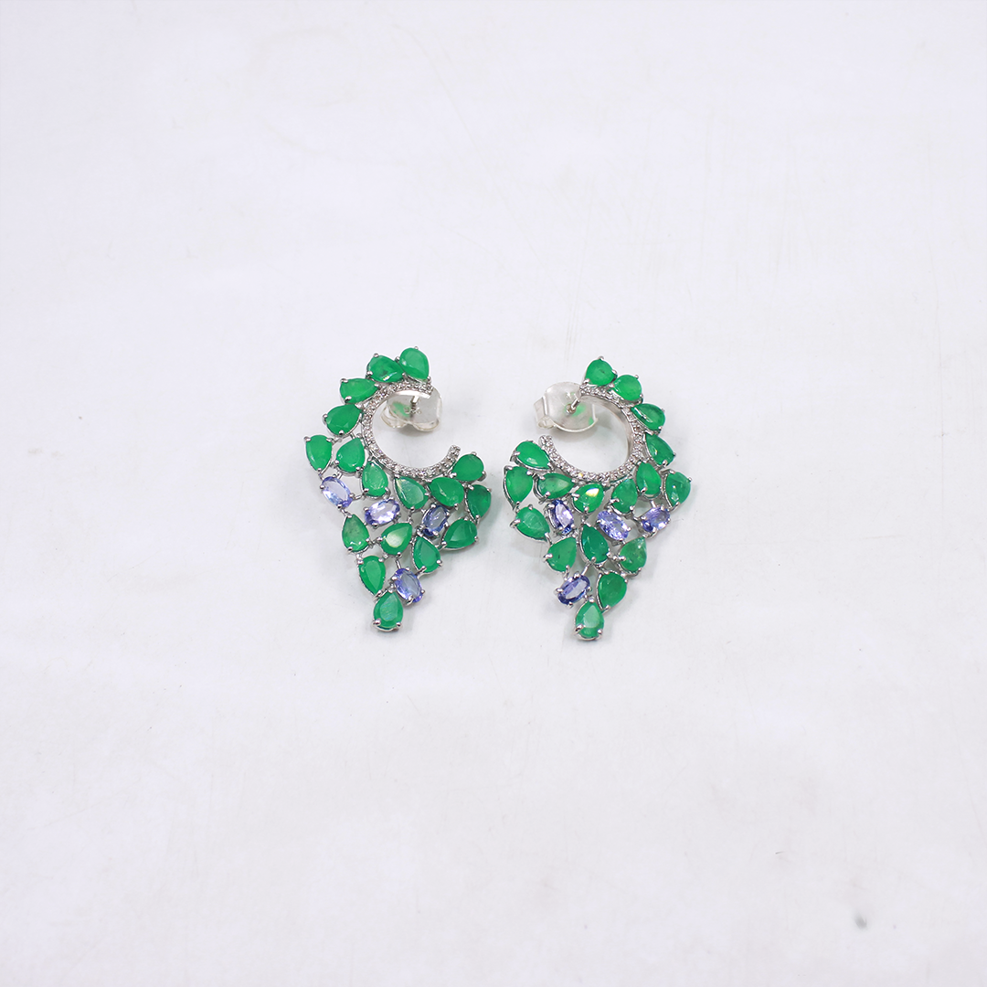 Natural emerald and tanzanite earrings with rosecut diamonds for weddings