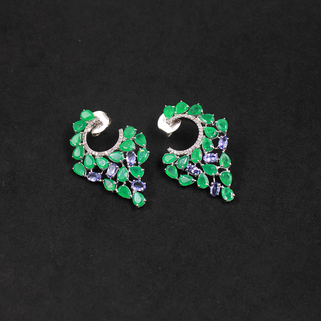 Natural emerald and tanzanite earrings with rosecut diamonds for weddings