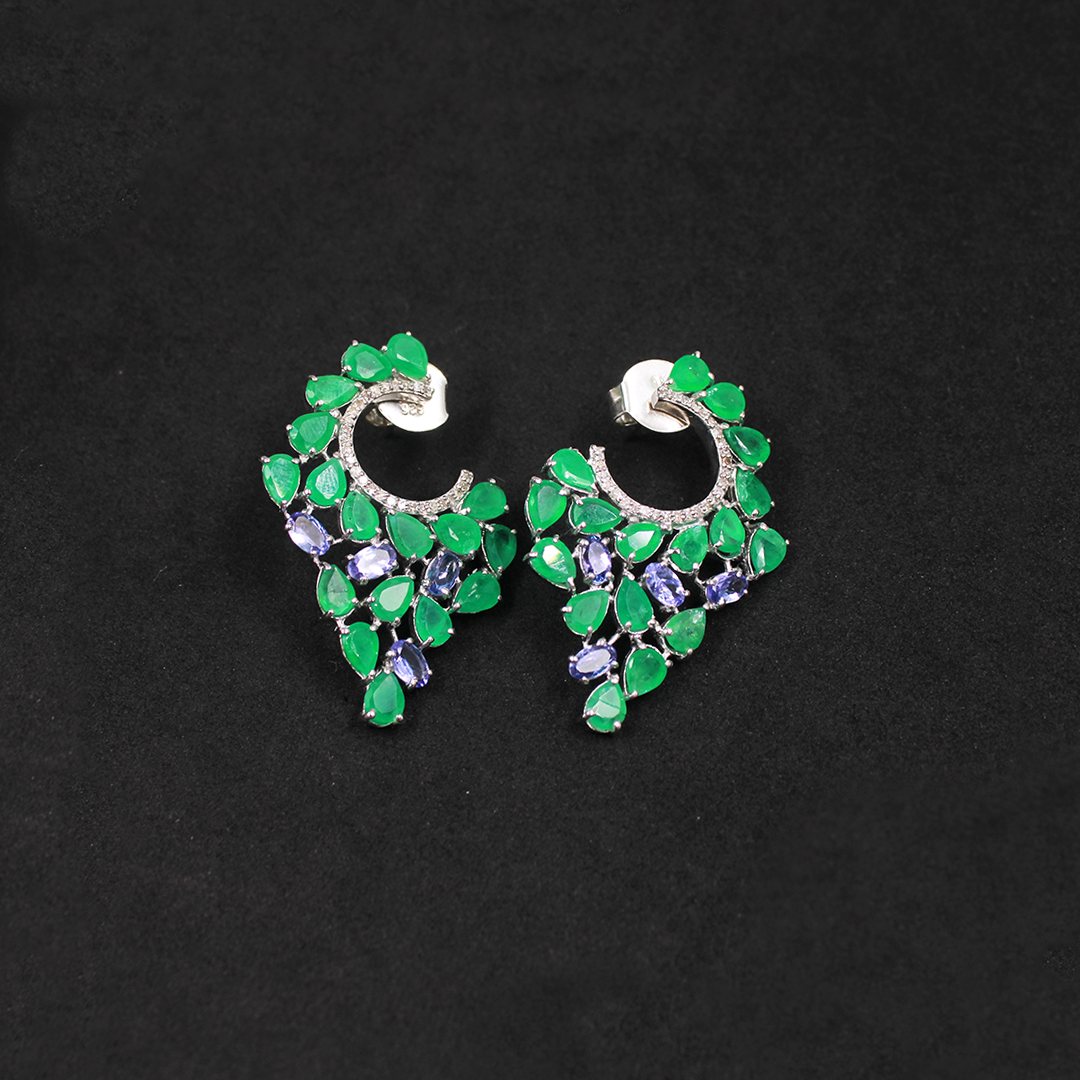 Lightweight handmade earrings with emeralds, tanzanite and pave diamonds