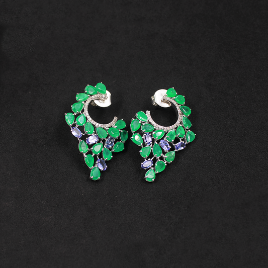 Lightweight handmade earrings with emeralds, tanzanite and pave diamonds