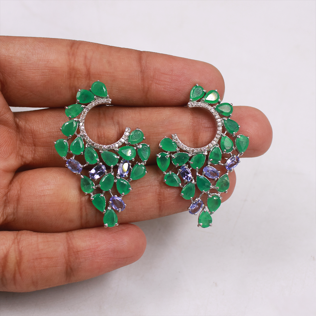 Crescent design earrings with emeralds, tanzanite and diamond accents