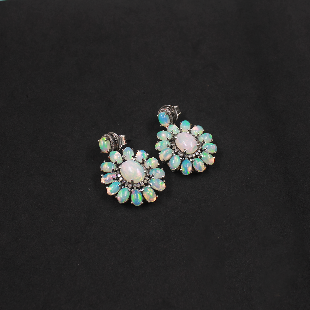 Oxidized silver Ethiopian opal earrings for women