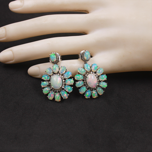 Sterling silver opal earrings handmade with vintage floral design