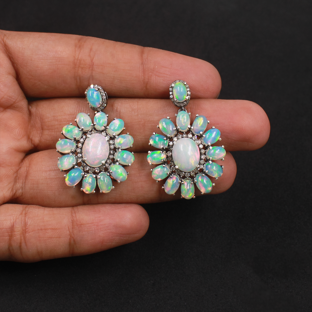 Handmade Ethiopian opal earrings with pave diamonds in sterling silver