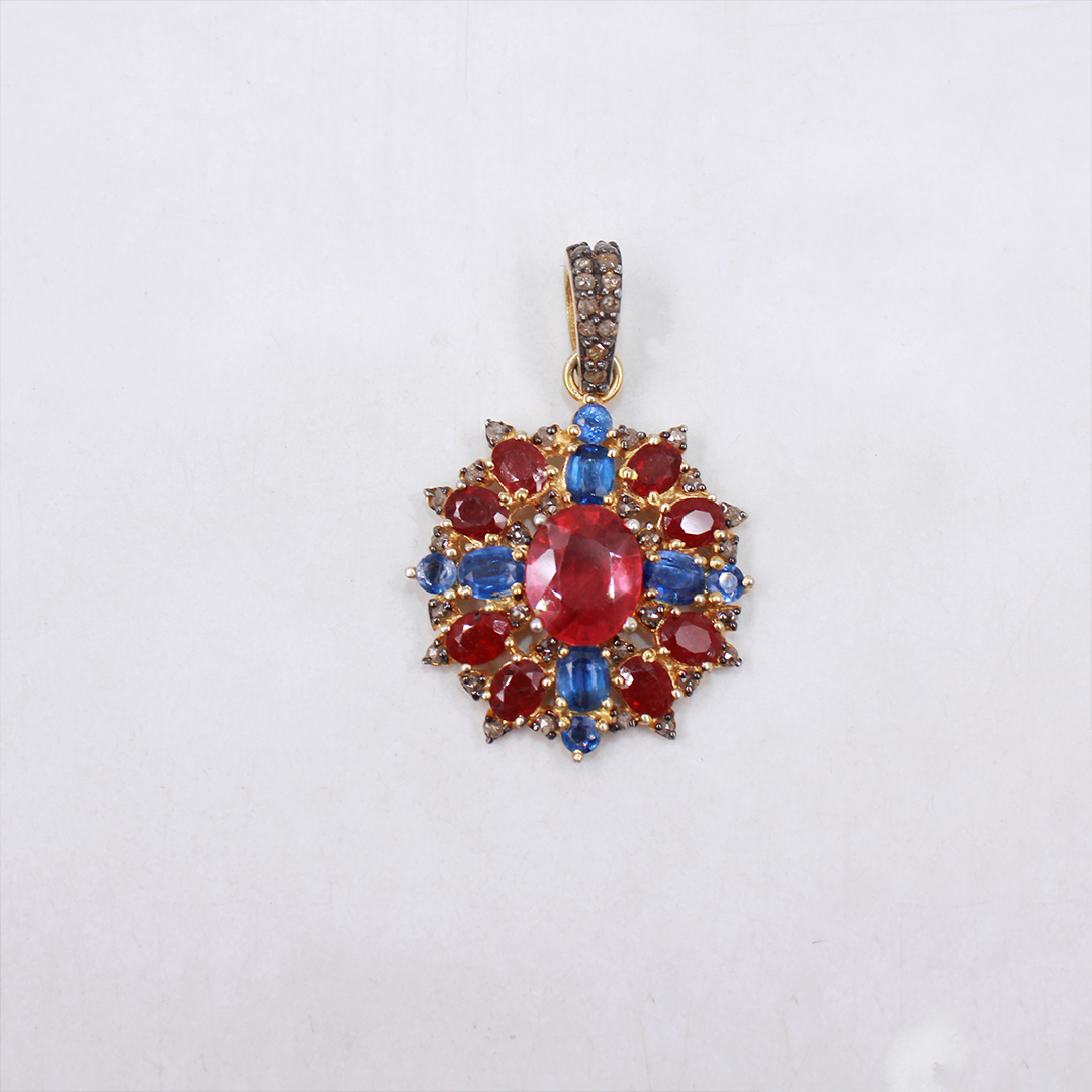 Bold Ruby Red and Blue Kyanite Pendant with Diamond Accents for Women