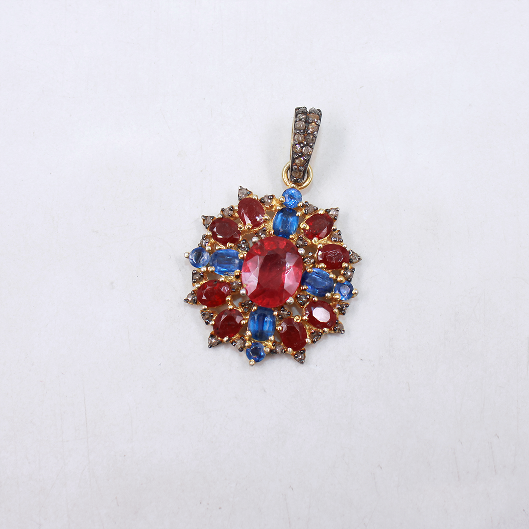 Designer Multicolor Ruby and Kyanite Pendant in 925 Sterling Silver with Gold Finish
