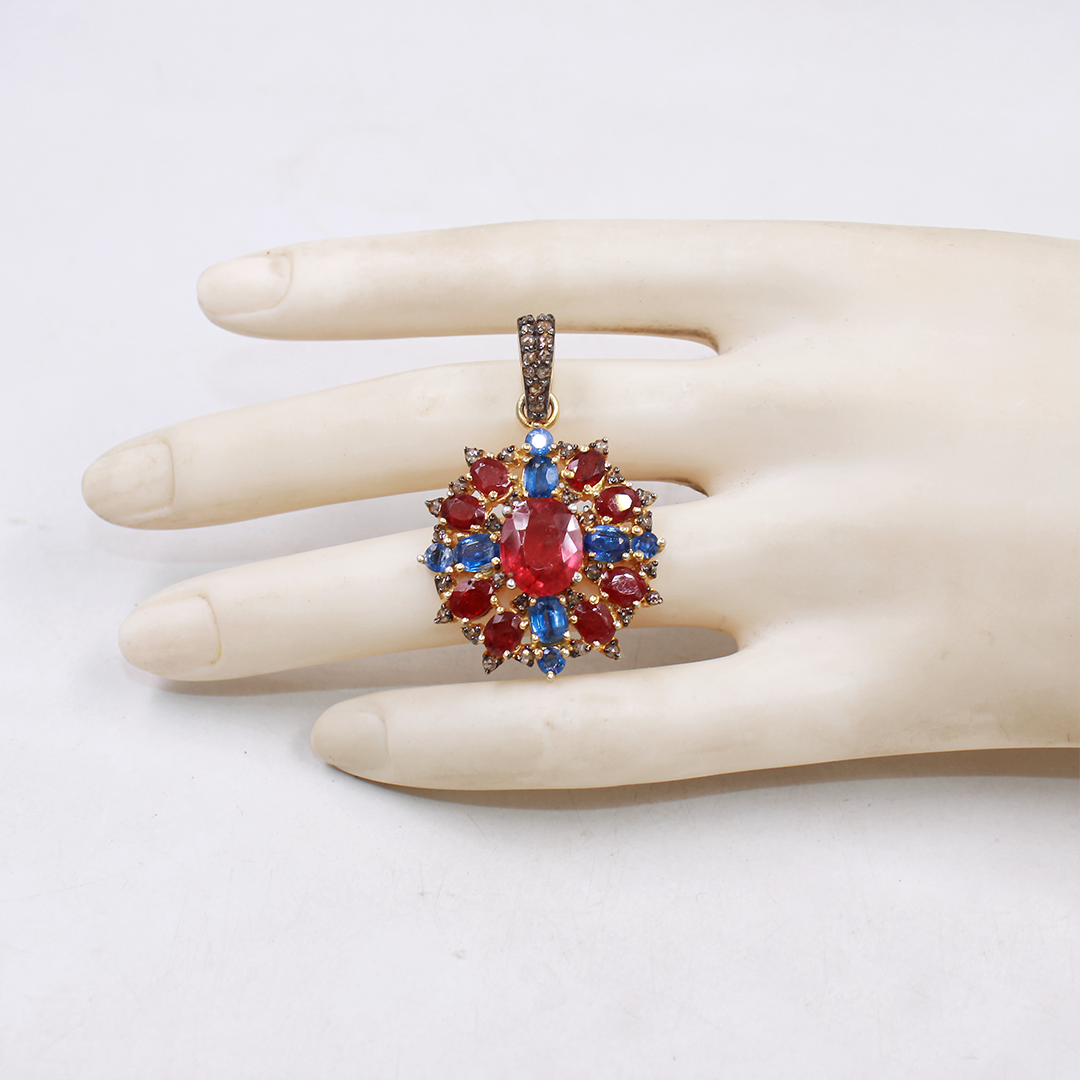 Elegant Ruby and Kyanite Gemstone Pendant with Pave Diamond Detailing